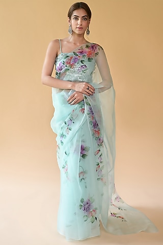 Blue Pure Silk Organza Hand Painted Saree Set by Fallon Studio by Shruti Kaushik