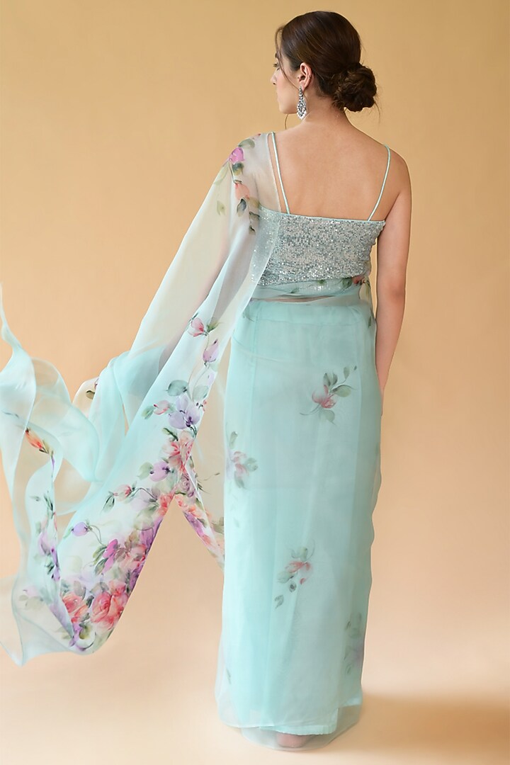 Blue Pure Silk Organza Hand Painted Party Wear Saree Set by Fallon Studio by Shruti Kaushik at Pernia's Pop Up Shop