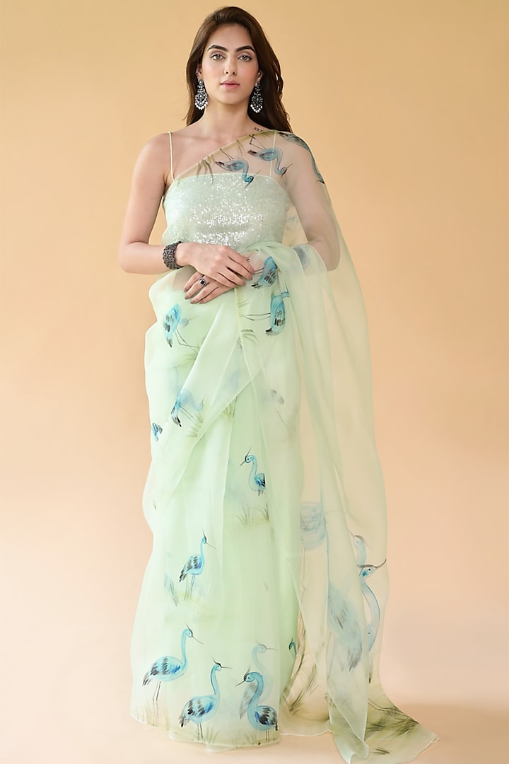 Light Green Pure Silk Organza Hand Painted Saree Set by Fallon Studio by Shruti Kaushik at Pernia's Pop Up Shop