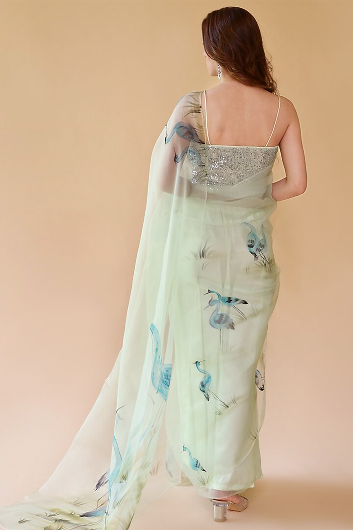 Light Green Pure Silk Organza Hand Painted Party Wear Saree Set by Fallon Studio by Shruti Kaushik at Pernia's Pop Up Shop