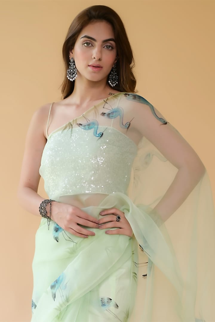 Light Green Pure Silk Organza Hand Painted Party Wear Saree Set by Fallon Studio by Shruti Kaushik at Pernia's Pop Up Shop