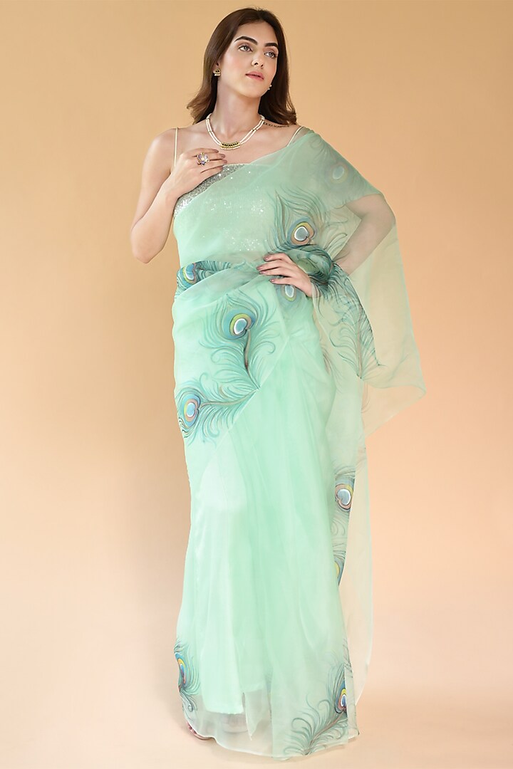 Pastel Turquoise Pure Silk Organza Hand Painted Saree Set by Fallon Studio by Shruti Kaushik
