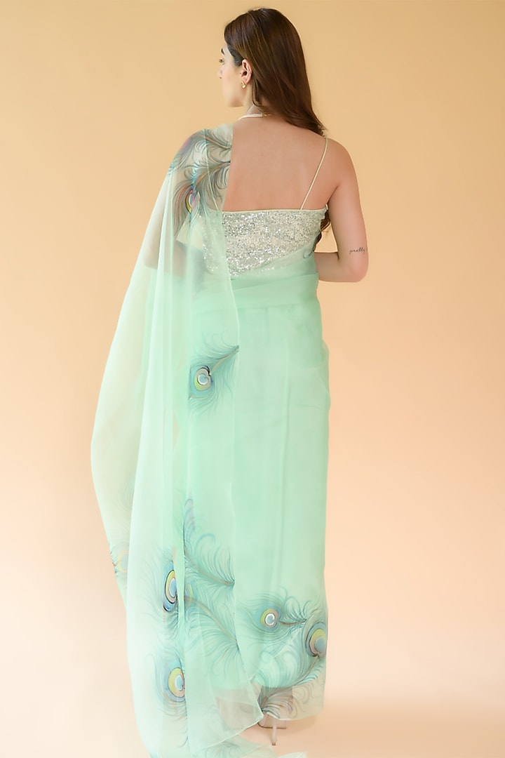 Pastel Turquoise Pure Silk Organza Hand Painted Party Wear Saree Set by Fallon Studio by Shruti Kaushik at Pernia's Pop Up Shop