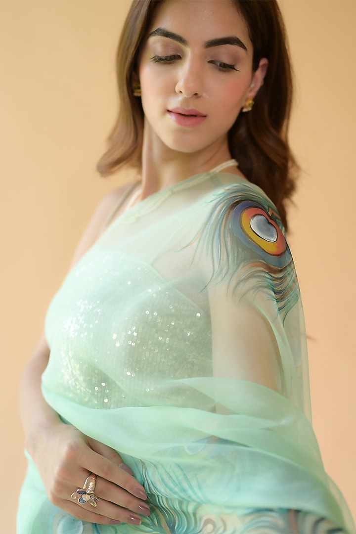 Pastel Turquoise Pure Silk Organza Hand Painted Party Wear Saree Set by Fallon Studio by Shruti Kaushik at Pernia's Pop Up Shop