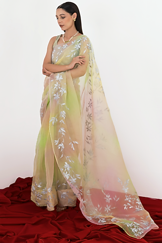 Faded Green Organza Saree Set by Fallon Studio by Shruti Kaushik
