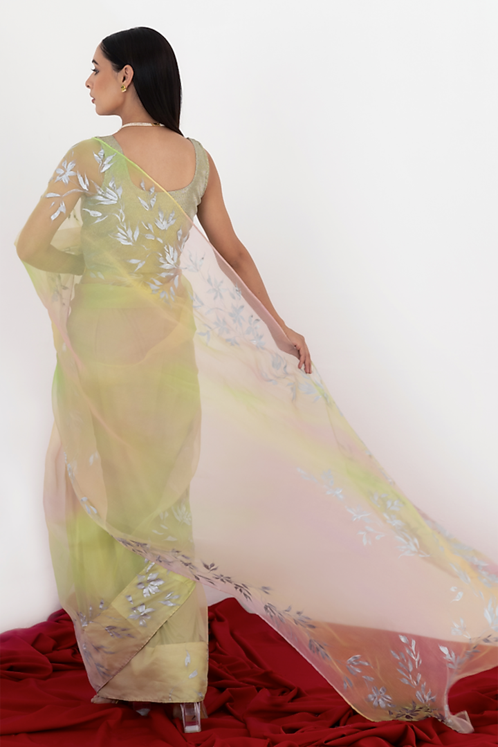 Faded Green Organza Wedding Saree Set by Fallon Studio by Shruti Kaushik at Pernia's Pop Up Shop