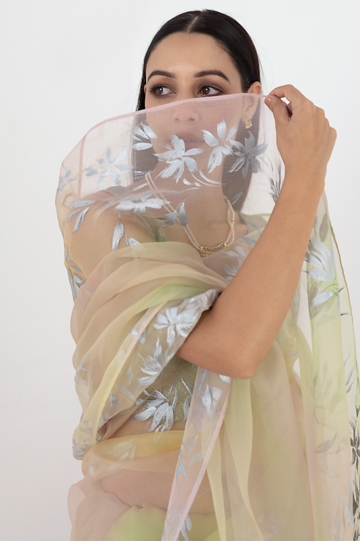 Faded Green Organza Wedding Saree Set by Fallon Studio by Shruti Kaushik at Pernia's Pop Up Shop
