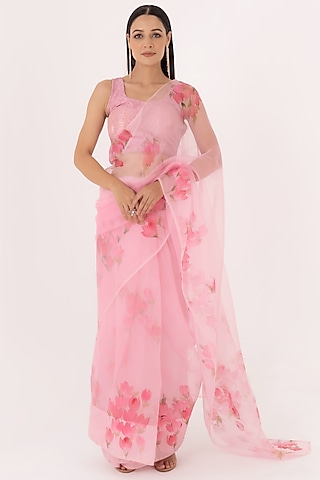 Pastel Pink Organza Saree Set by Fallon Studio by Shruti Kaushik