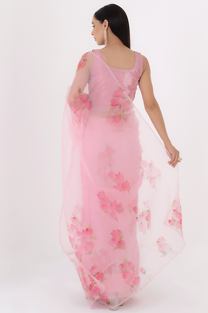 Pastel Pink Organza Party Wear Saree Set by Fallon Studio by Shruti Kaushik at Pernia's Pop Up Shop