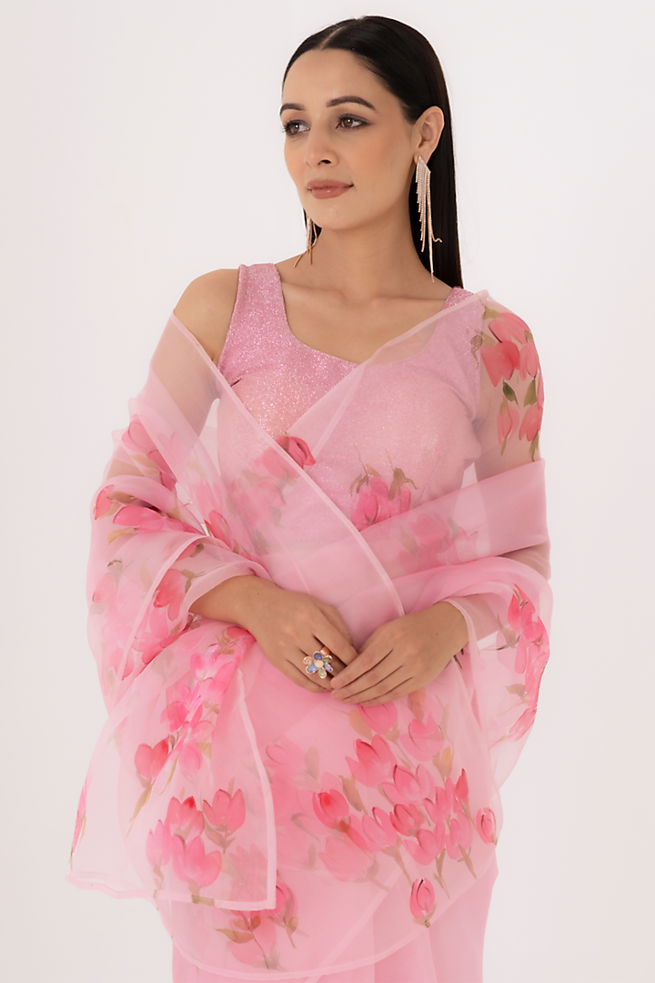 Pastel Pink Organza Party Wear Saree Set by Fallon Studio by Shruti Kaushik at Pernia's Pop Up Shop