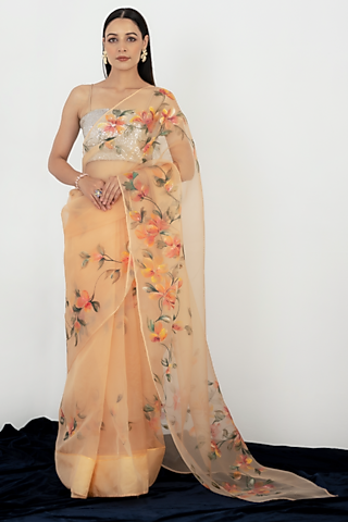 Dull Orange Organza Saree Set by Fallon Studio by Shruti Kaushik