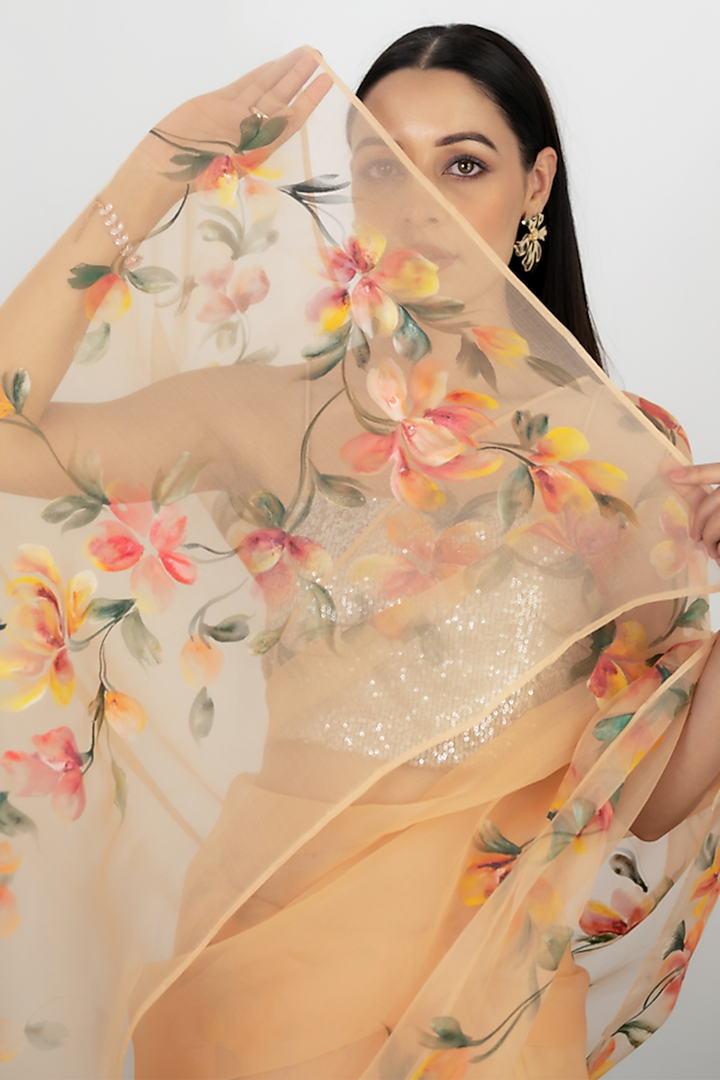 Dull Orange Organza Wedding Saree Set by Fallon Studio by Shruti Kaushik at Pernia's Pop Up Shop