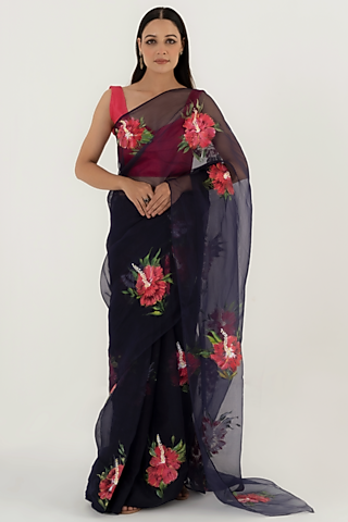 Navy Blue Floral Painted Saree Set by Fallon Studio by Shruti Kaushik