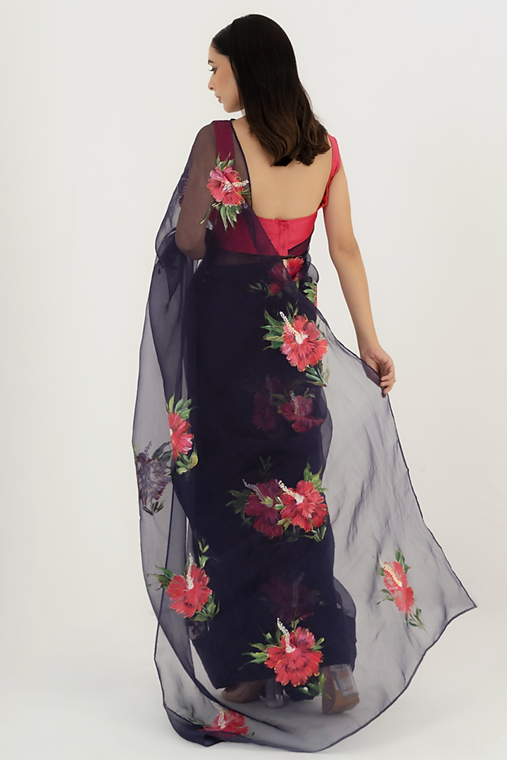 Navy Blue Floral Painted Wedding Saree Set by Fallon Studio by Shruti Kaushik at Pernia's Pop Up Shop