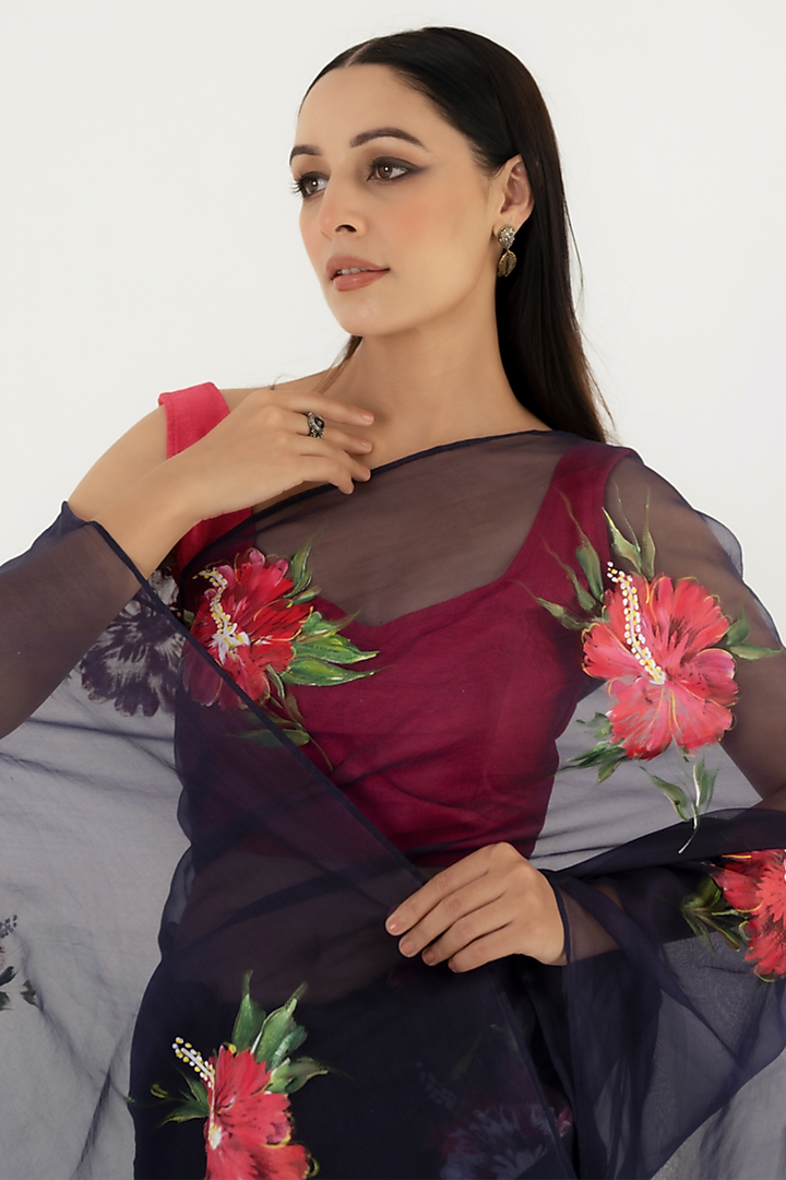 Navy Blue Floral Painted Wedding Saree Set by Fallon Studio by Shruti Kaushik at Pernia's Pop Up Shop