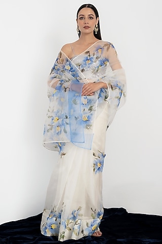 Off-White Hand Painted Organza Saree Set by Fallon Studio by Shruti Kaushik