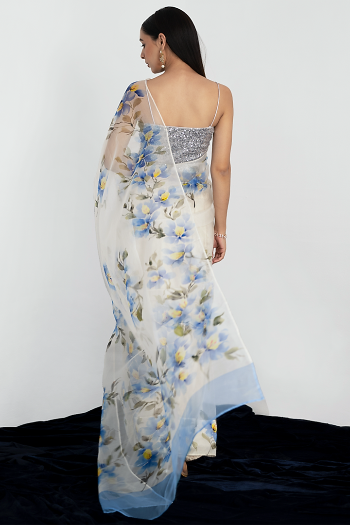 Off-White Hand Painted Organza Party Wear Saree Set by Fallon Studio by Shruti Kaushik at Pernia's Pop Up Shop