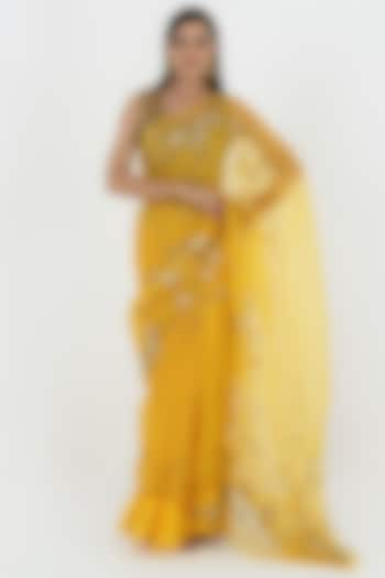 Crimson Yellow Hand Painted Saree Set by Fallon Studio by Shruti Kaushik at Pernia's Pop Up Shop