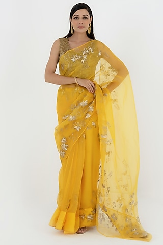 Crimson Yellow Hand Painted Saree Set by Fallon Studio by Shruti Kaushik