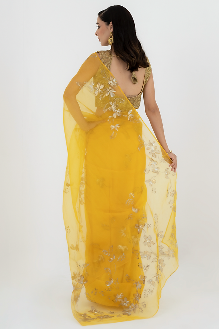 Crimson Yellow Hand Painted Wedding Saree Set by Fallon Studio by Shruti Kaushik at Pernia's Pop Up Shop