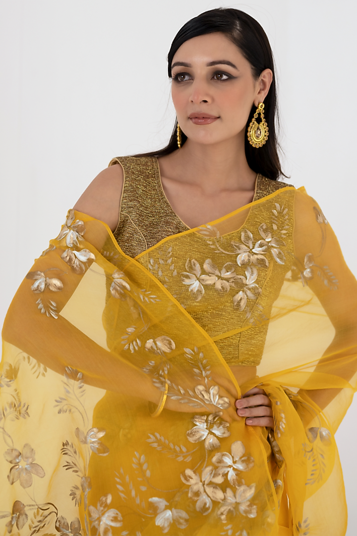 Crimson Yellow Hand Painted Wedding Saree Set by Fallon Studio by Shruti Kaushik at Pernia's Pop Up Shop