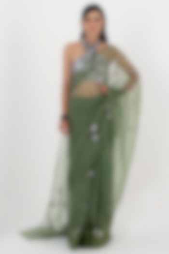 Dark Olive Green Hand Painted Saree Set by Fallon Studio by Shruti Kaushik at Pernia's Pop Up Shop