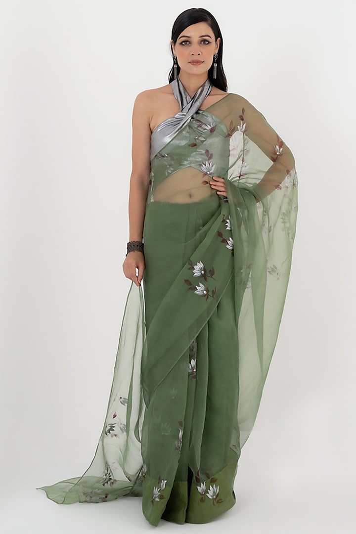 Dark Olive Green Hand Painted Saree Set by Fallon Studio by Shruti Kaushik