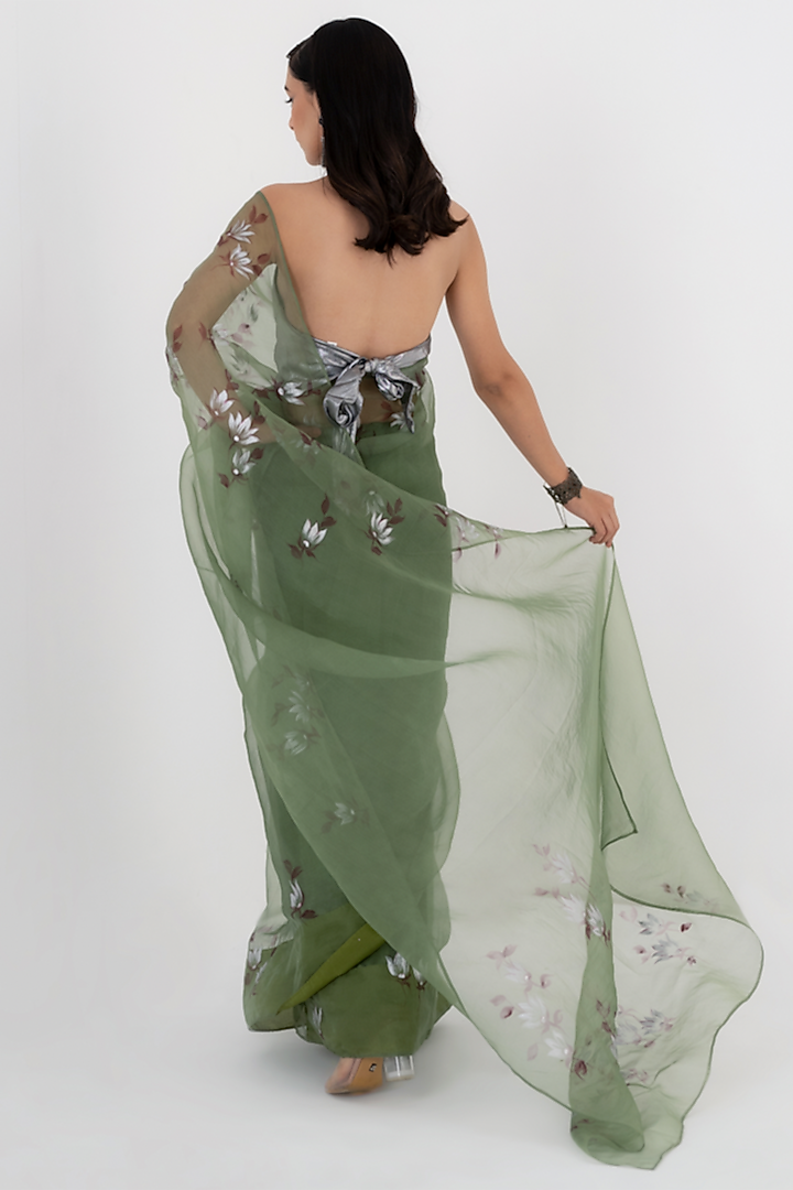 Dark Olive Green Hand Painted Party Wear Saree Set by Fallon Studio by Shruti Kaushik at Pernia's Pop Up Shop