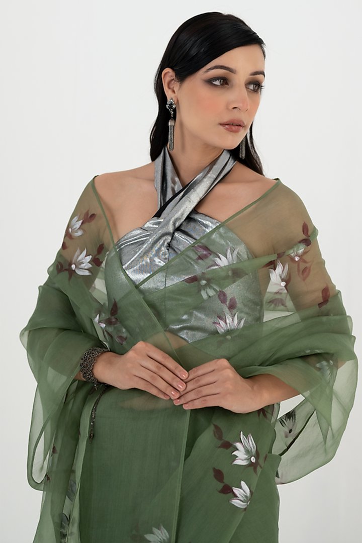 Dark Olive Green Hand Painted Party Wear Saree Set by Fallon Studio by Shruti Kaushik at Pernia's Pop Up Shop