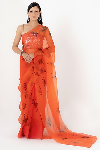 Deep Rust Floral Painted Saree Set by Fallon Studio by Shruti Kaushik