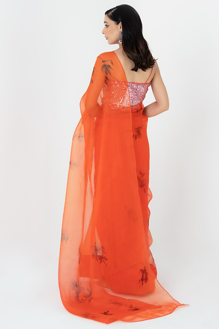 Deep Rust Floral Painted Party Wear Saree Set by Fallon Studio by Shruti Kaushik at Pernia's Pop Up Shop