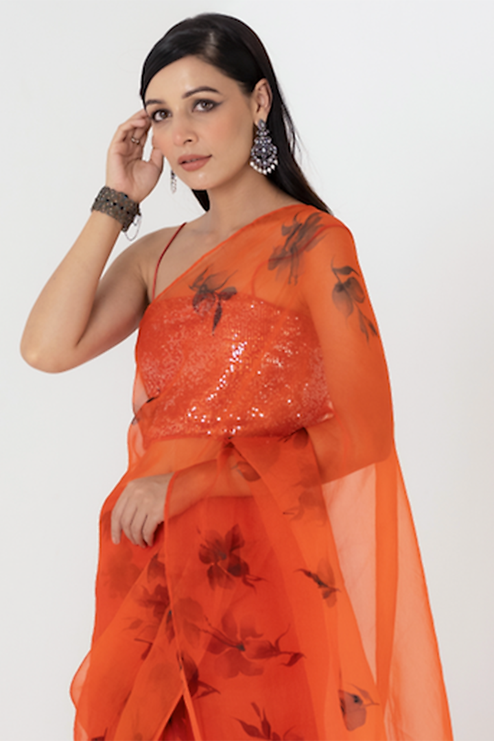 Deep Rust Floral Painted Party Wear Saree Set by Fallon Studio by Shruti Kaushik at Pernia's Pop Up Shop