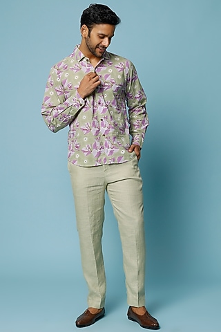 Green Hand Block Printed Shirt by FANCY PASTELS