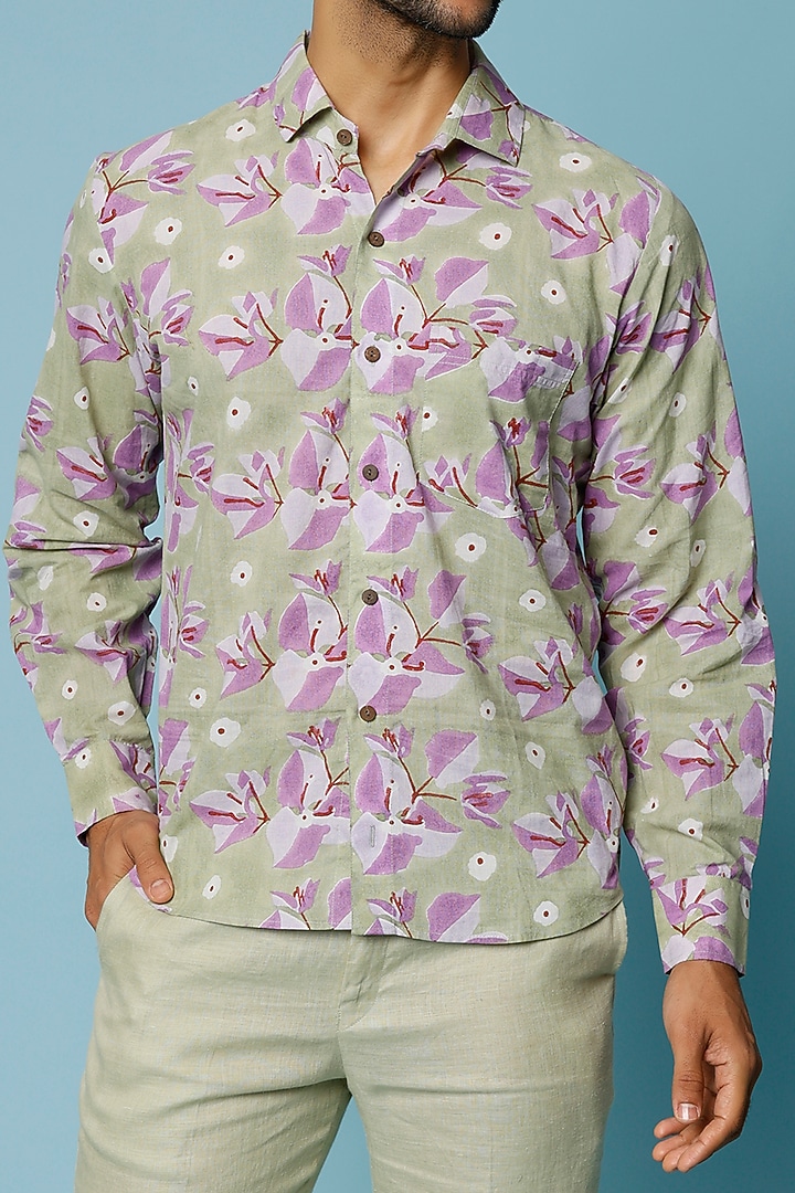 Green Hand Block Printed Summer Shirt by FANCY PASTELS at Pernia's Pop Up Shop