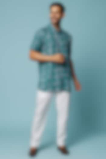 Green & Blue Hand Block Printed Summer Shirt by FANCY PASTELS at Pernia's Pop Up Shop