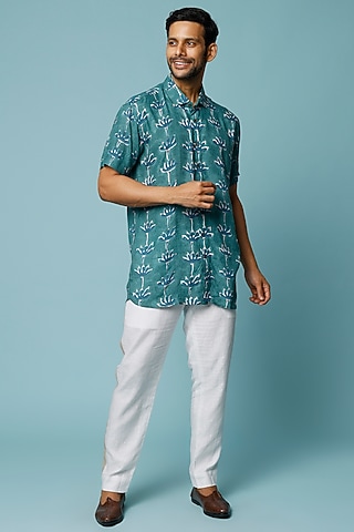 Green & Blue Hand Block Printed Shirt by FANCY PASTELS