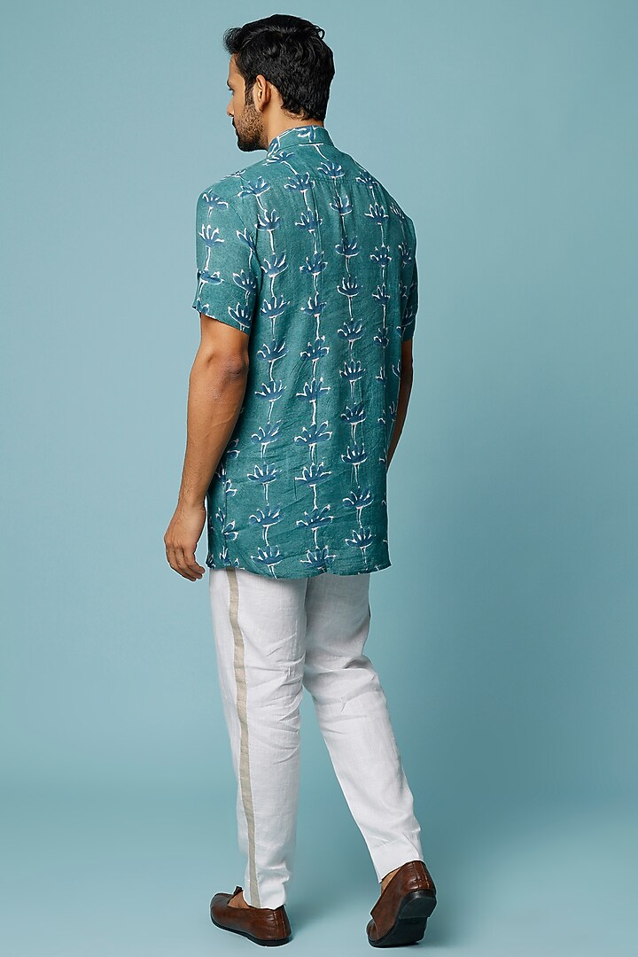 Green & Blue Hand Block Printed Summer Shirt by FANCY PASTELS at Pernia's Pop Up Shop