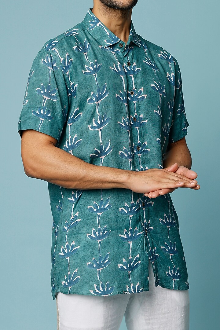 Green & Blue Hand Block Printed Summer Shirt by FANCY PASTELS at Pernia's Pop Up Shop