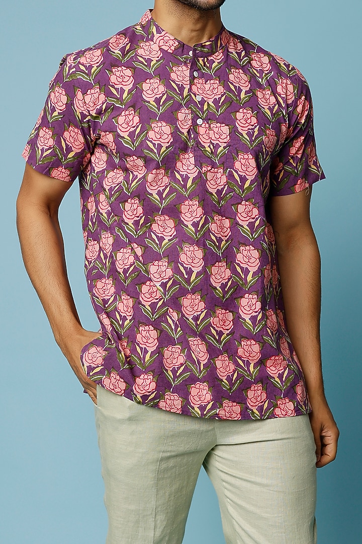 Purple & Pink Cotton Block Printed Summer Shirt by FANCY PASTELS at Pernia's Pop Up Shop
