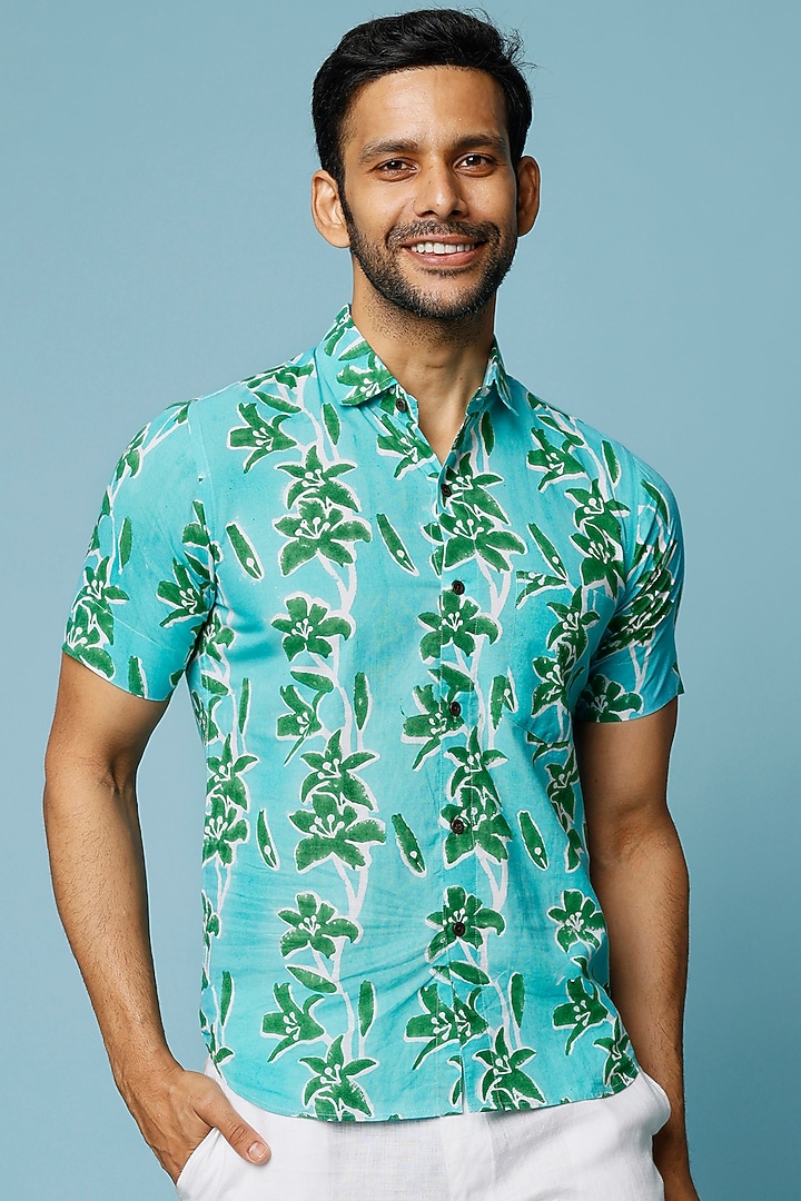 Blue Floral Printed Summer Shirt by FANCY PASTELS at Pernia's Pop Up Shop