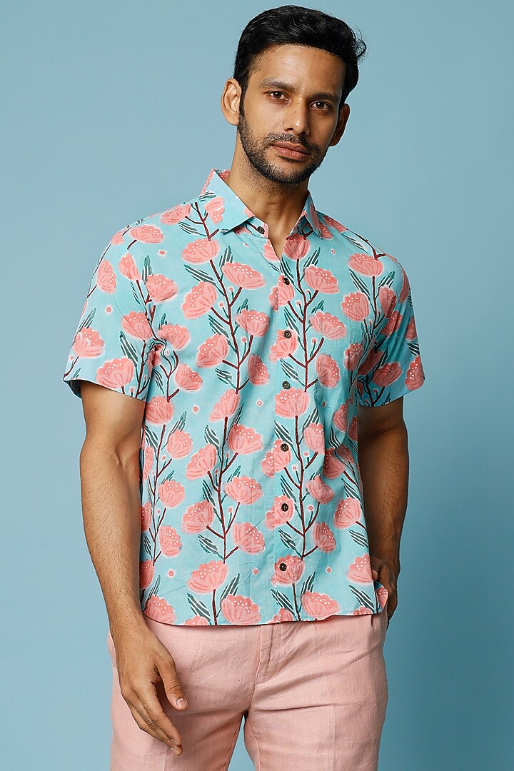 Blue & Pink Printed Summer Shirt by FANCY PASTELS at Pernia's Pop Up Shop