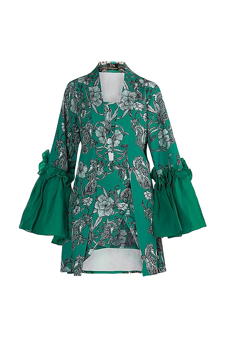 Teal Green Printed Robe With Tube Top & Skirt by Farah Sanjana