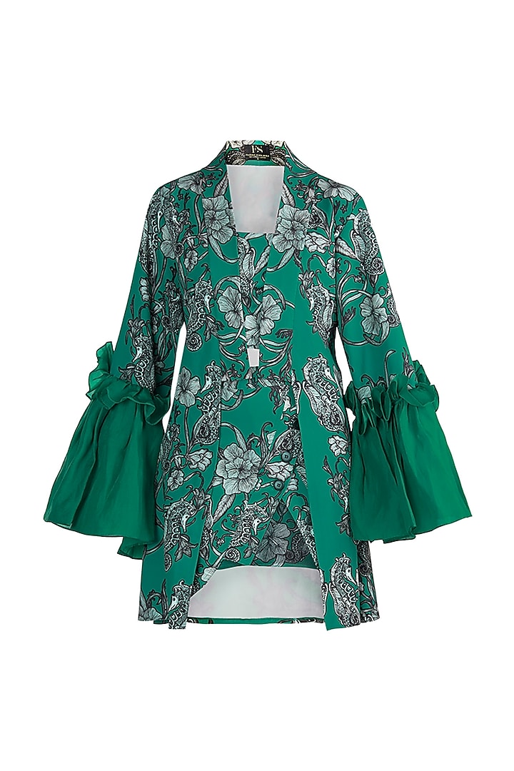 Teal Green Printed Robe With Tube Top & Skirt by Farah Sanjana at Pernia's Pop Up Shop