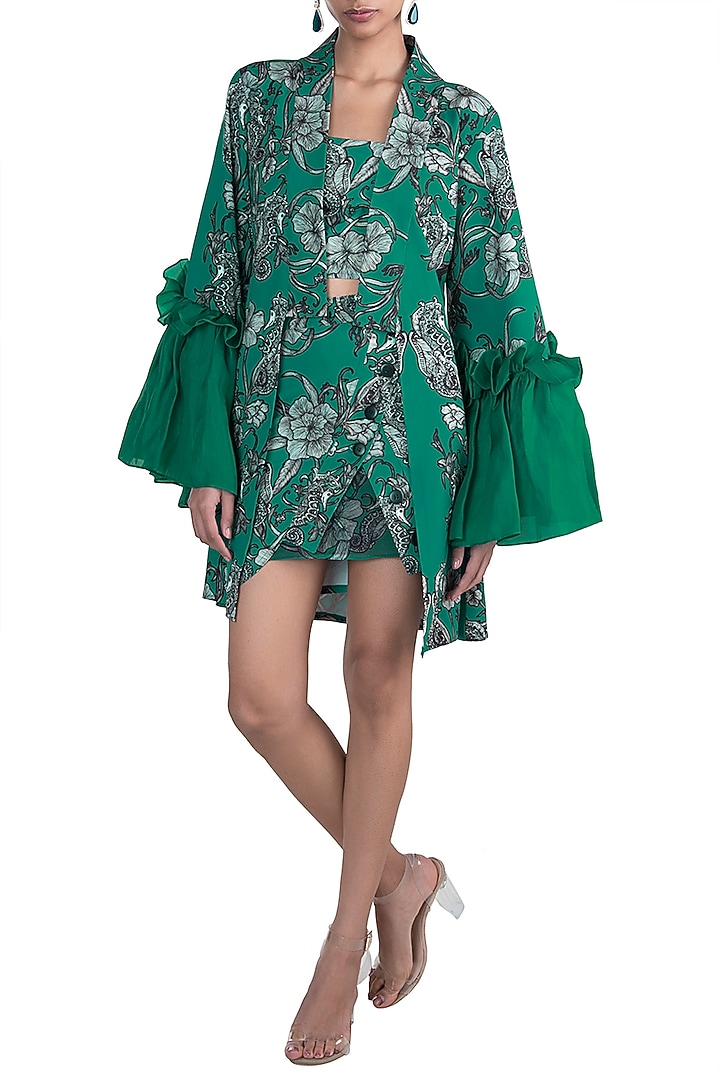 Teal Green Printed Robe With Tube Top & Skirt by Farah Sanjana at Pernia's Pop Up Shop