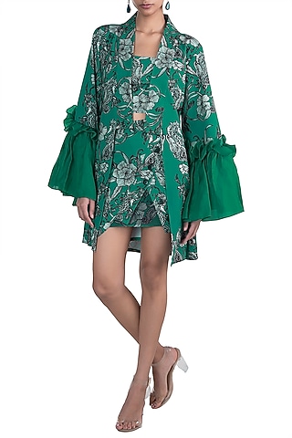 Teal Green Printed Robe With Tube Top & Skirt by Farah Sanjana