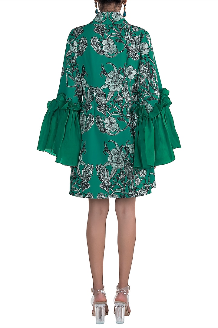 Teal Green Printed Robe With Tube Top & Skirt by Farah Sanjana at Pernia's Pop Up Shop