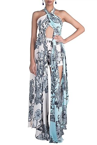 Pale Pink & Powder Blue Printed Crossbody Top With Shorts by Farah Sanjana