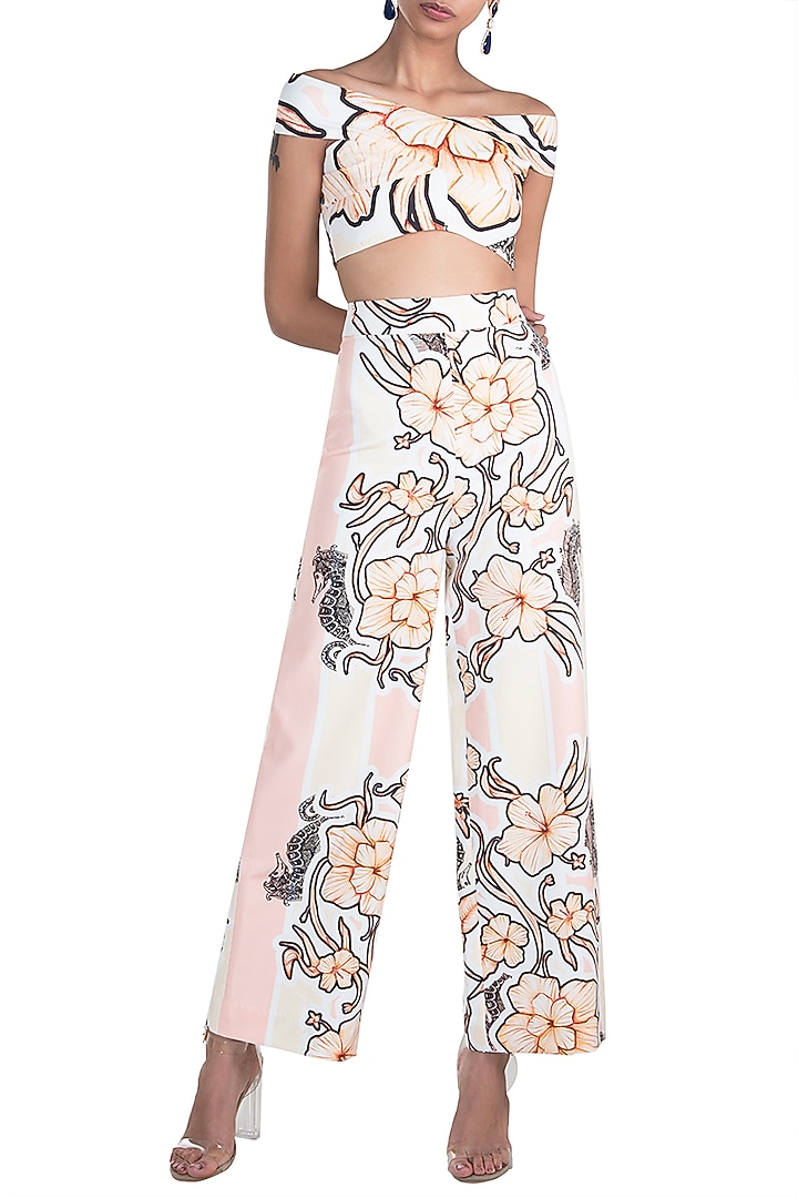Peach & Lemon Yellow Printed Off Shoulder Crop Top With Trouser Pants by Farah Sanjana at Pernia's Pop Up Shop
