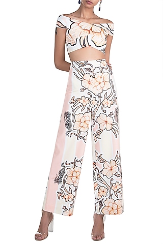 Peach & Lemon Yellow Printed Off Shoulder Crop Top With Trouser Pants by Farah Sanjana