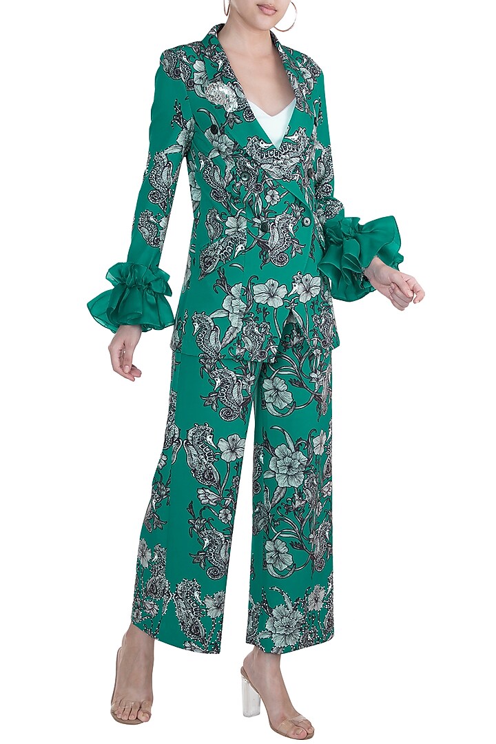 Teal Green Printed Blazer With Trouser Pants by Farah Sanjana at Pernia's Pop Up Shop